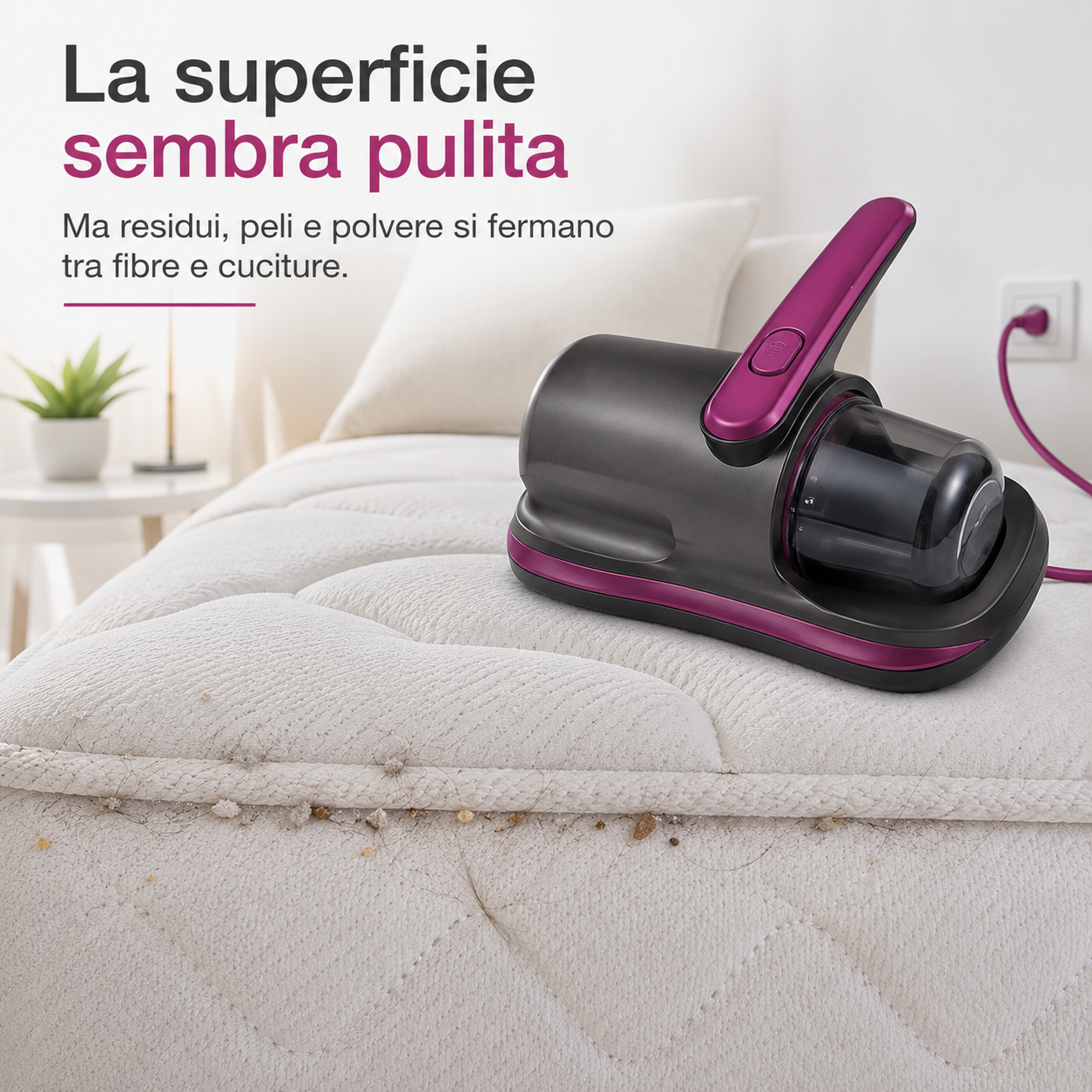 PureNido™ DustCare - Aspiratore portatile ricaricabile per la manutenzione di materassi, cuscini e tessili compatibili