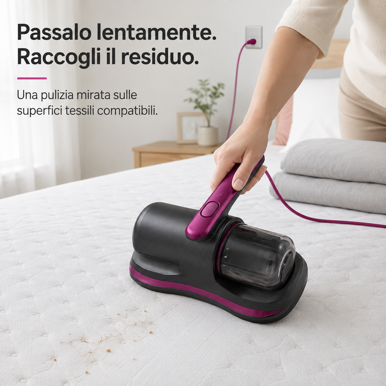 PureNido™ DustCare - Aspiratore portatile ricaricabile per la manutenzione di materassi, cuscini e tessili compatibili